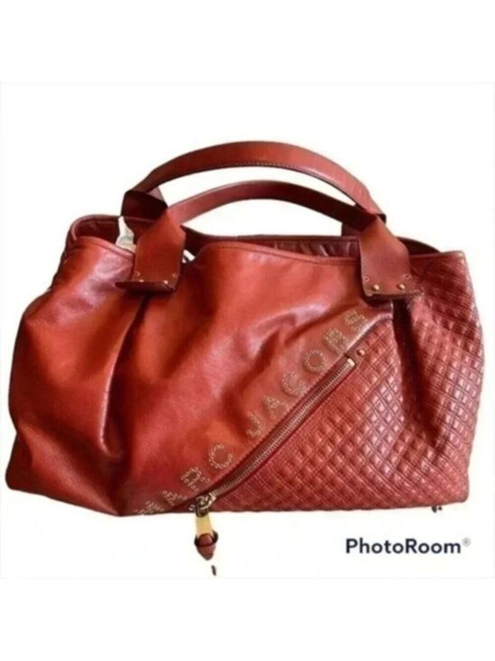 Marc Jacobs irina studded satchel weekend leather tote orange rust larg…